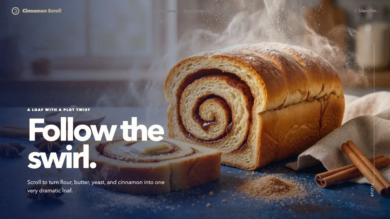 Cinnamons website hero: a cinnamon swirl loaf with the headline Follow the swirl.