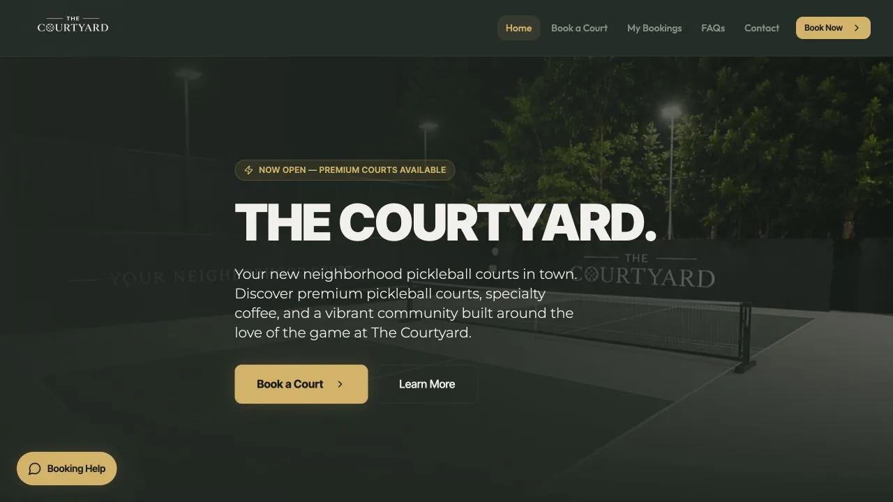 The Courtyard homepage: a night-lit pickleball court with Book a Court and Learn More buttons.